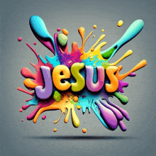 the word jesus is surrounded by a splash of colorful paint