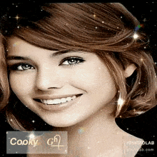 a close up of a woman 's face with the name cooky written on the bottom