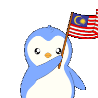 a penguin covering its face while holding a flag with the letter c on it