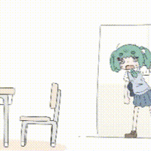 a girl with green hair is sitting at a desk with her head on the desk .