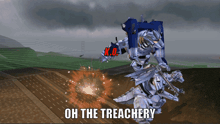a video game with a robot that says oh the treachery on it