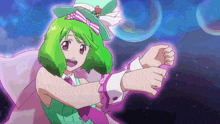 a girl with green hair is wearing a purple and white outfit