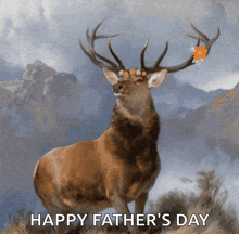 a painting of a deer with a flower crown on its antlers and the words happy father 's day below it