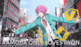 a ramuda only loves pyon advertisement with a pink haired anime character