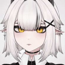 a girl with white hair and yellow eyes is wearing a choker and earrings