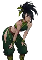 a cartoon drawing of a woman in a green outfit kneeling down .