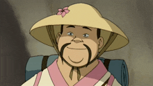 a man wearing a hat with a flower on it is smiling