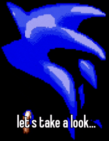 a pixel art of sonic the hedgehog with the words let 's take a look below him