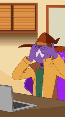 a cartoon of a person covering their eyes with their hands while looking at a laptop