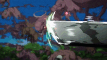 a cartoon of a sword being thrown at a group of monsters