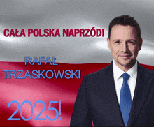 a man in a suit and tie stands in front of a red white and blue background with the year 2025 on it