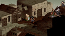 a video game scene with a man and a woman standing in front of a brick building