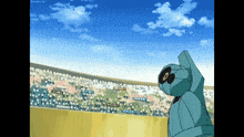 a cartoon of a robot standing in front of a stadium with a sign that says ' pokemon ' on it