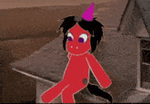 a red cartoon character with purple eyes and a unicorn horn
