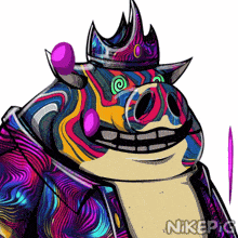a drawing of a pig wearing a crown and a jacket with nikepic written underneath it