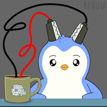 a penguin is sitting next to a cup of coffee with headphones on