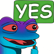 a frog holding a sign that says yes