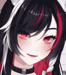 a close up of a girl with long black and white hair and red eyes .