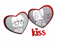 a couple of heart shaped mirrors with the word kiss on it