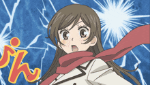 a cartoon girl with a scarf around her neck and the word " i " in the corner