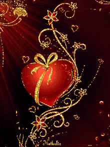 a red heart is surrounded by gold swirls and flowers and the name nathalie is on the bottom