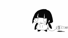 a black and white drawing of a girl standing next to a sign that says fish run
