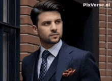 a man in a suit and tie is standing in front of a brick wall with pixverse.ai written on the bottom