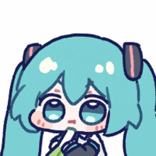 a cartoon drawing of a girl with blue hair holding a green object