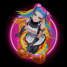 a girl with rainbow hair is wearing a white apron that says bake with me