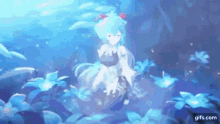 a girl with blue hair is standing in a field of blue flowers in the water .