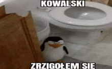 a stuffed penguin is sitting next to a toilet in a bathroom with a caption .