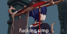 a character from a video game is holding an umbrella over his head and says fucking simp .