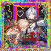 a picture of two anime characters with the words happy pride month on the bottom