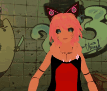 a girl with pink hair is standing in front of a wall with graffiti on it