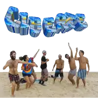 a group of people dancing on a beach with the word cheers behind them