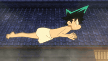 a cartoon character with a green arrow on his head is flying through the air