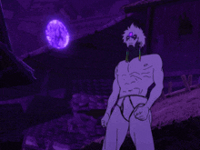 a cartoon character without a shirt is holding a purple object in his hand