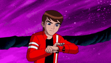 a cartoon character is standing in front of a purple wall