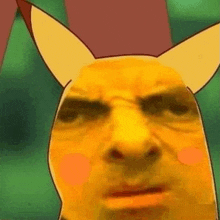 a close up of a man 's face with a pikachu mask on it .