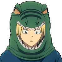 a cartoon character wearing a crocodile hat with sharp teeth