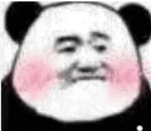 a panda bear is making a funny face with his blush on his cheeks .