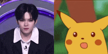 a man in a suit next to a picture of a cartoon character