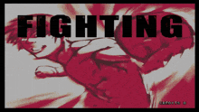 a video game screen shows a fighter and the words fighting in black letters