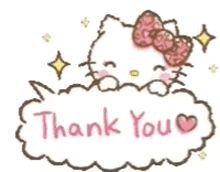 hello kitty is sitting on a cloud with the words `` thank you '' written in pink .