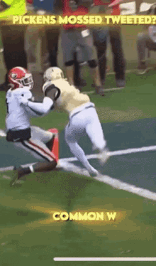 a football player is being tackled by another player with the words pickens mossed tweeted above him