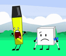 a cartoon drawing of a yellow marker and a white cube with a sad face