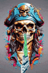 a colorful painting of a pirate skull with a sign in his mouth that says keren hangs