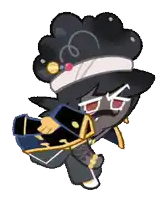 a cartoon character is wearing a black hat and holding a sword .