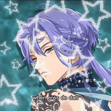 a purple haired anime character with the words when eres de dan written on the bottom