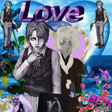 a picture of a man and a woman with the word love on top